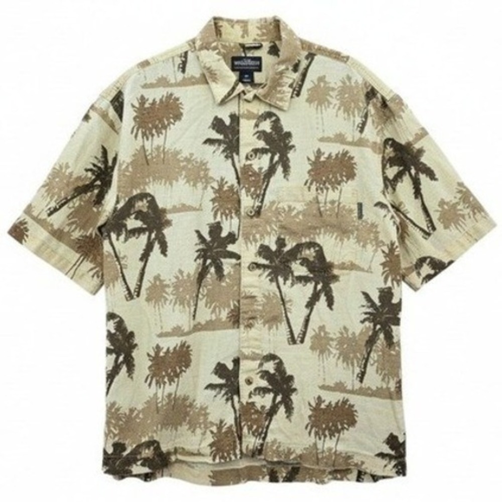 Woolrich Tan Palm Tropical Surf Island Vintage Cotton Relax Hawaiian Shirt M